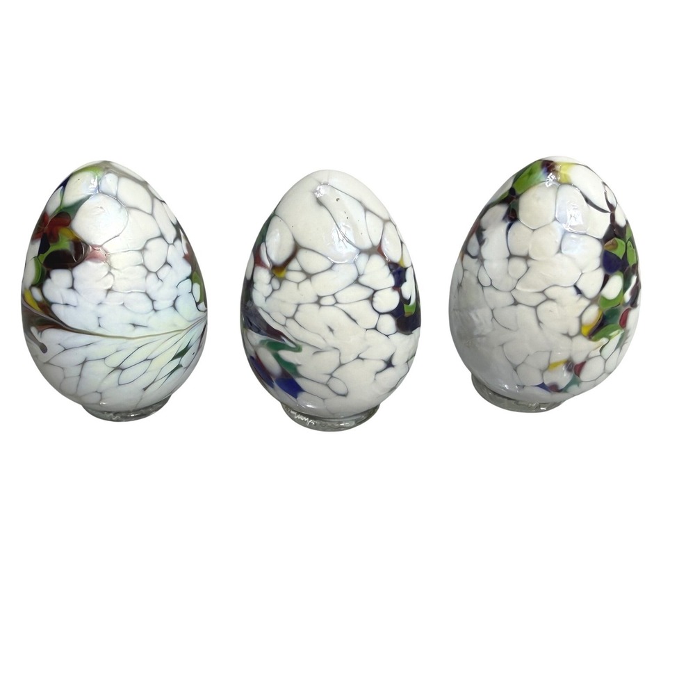 Anwa Glass‎ Glassworks Handmade Poland Glass Easter Eggs White Confetti Set of 3